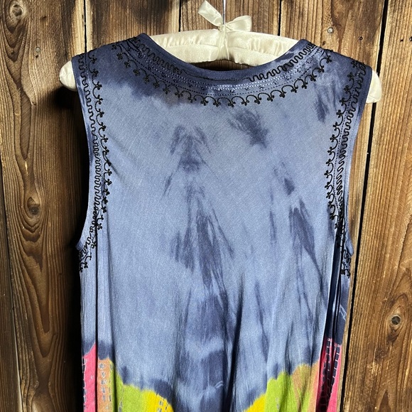 India Boutique Colorful Tie Dye Embroidered 70s Hippie Flowy Tent Dress Free Sz - Picture 5 of 11